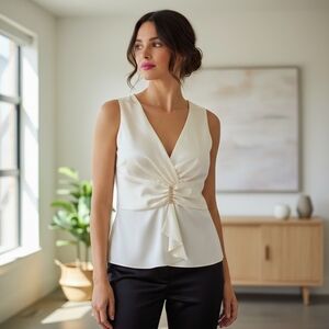 NWOT Sheri Martin New York  Champagne Satin Twist Front Top w/Rhinestone Pin